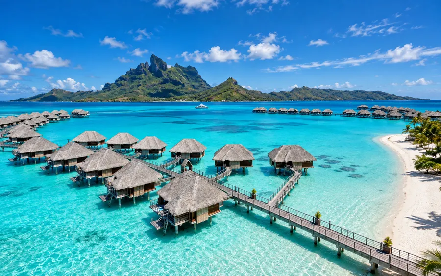 Bora Bora's lagoon and overwater bungalows, Mount Otemanu in the background, clear turquoise water