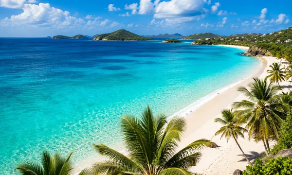 A curved white sand beach in the Caribbean, palm trees framing clear turquoise water