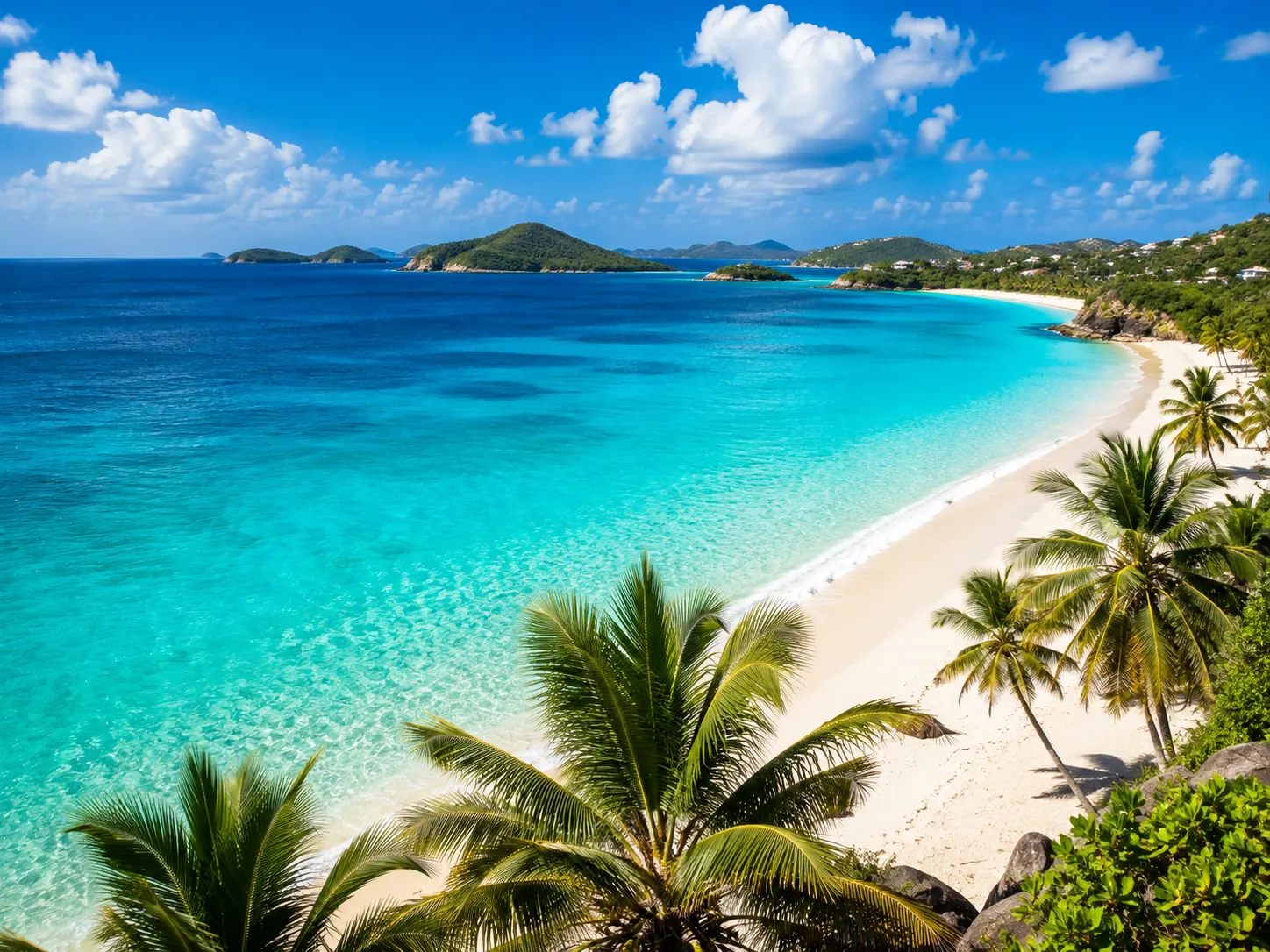A curved white sand beach in the Caribbean, palm trees framing clear turquoise water