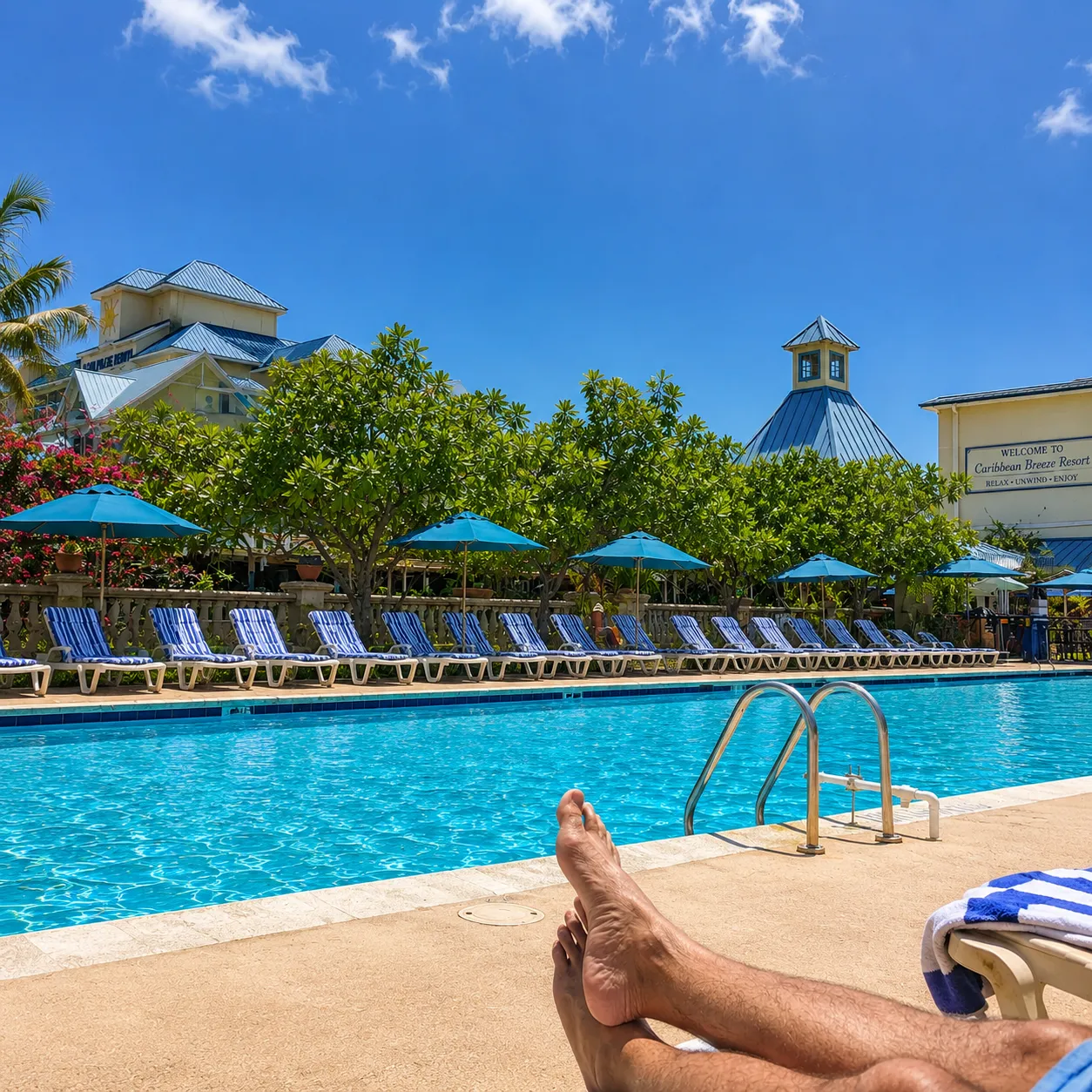 First-person view of feet up beside a Caribbean resort pool, striped loungers and blue umbrellas lining the water