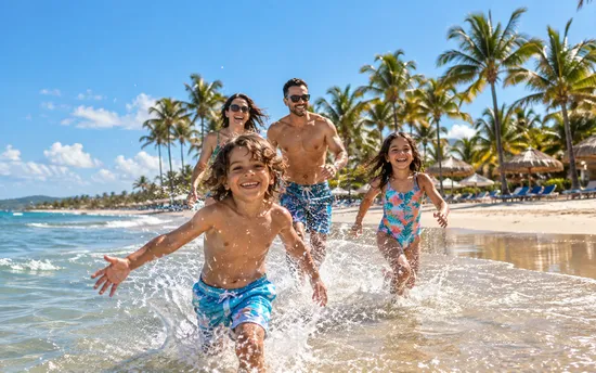 A family of four running and splashing through shallow waves on a Caribbean beach, resort palms behind them