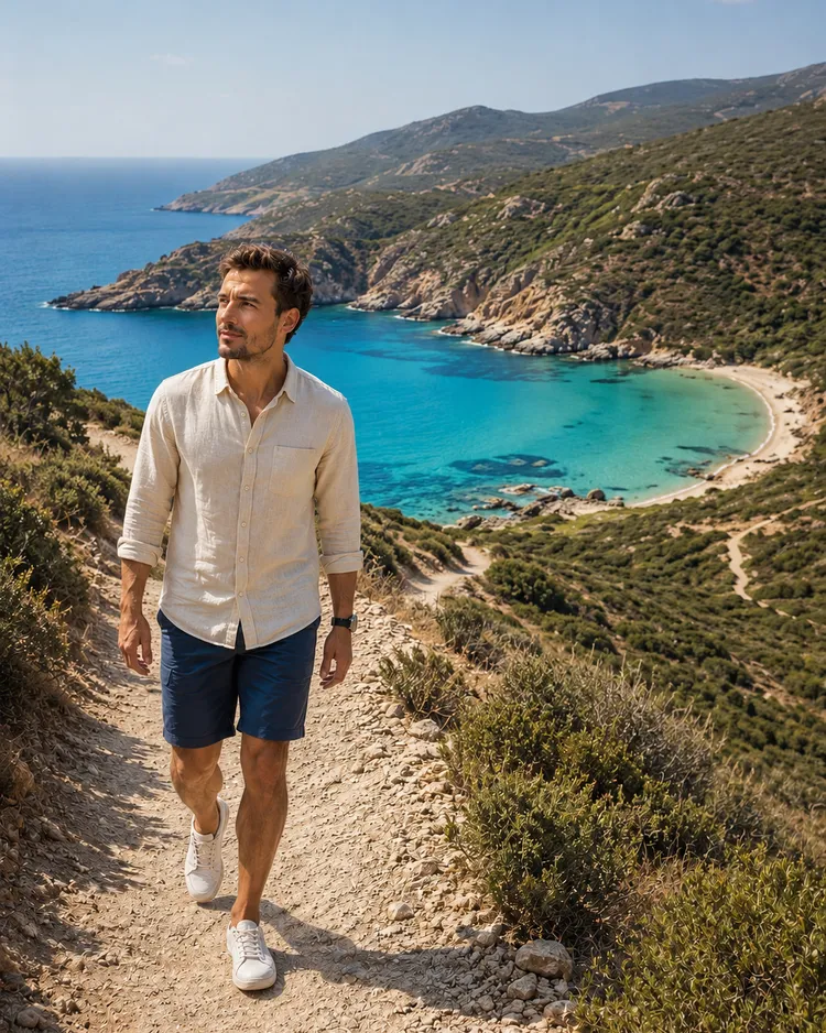 A person walking a dusty footpath that curves down toward a quiet turquoise bay, soft mid-morning light