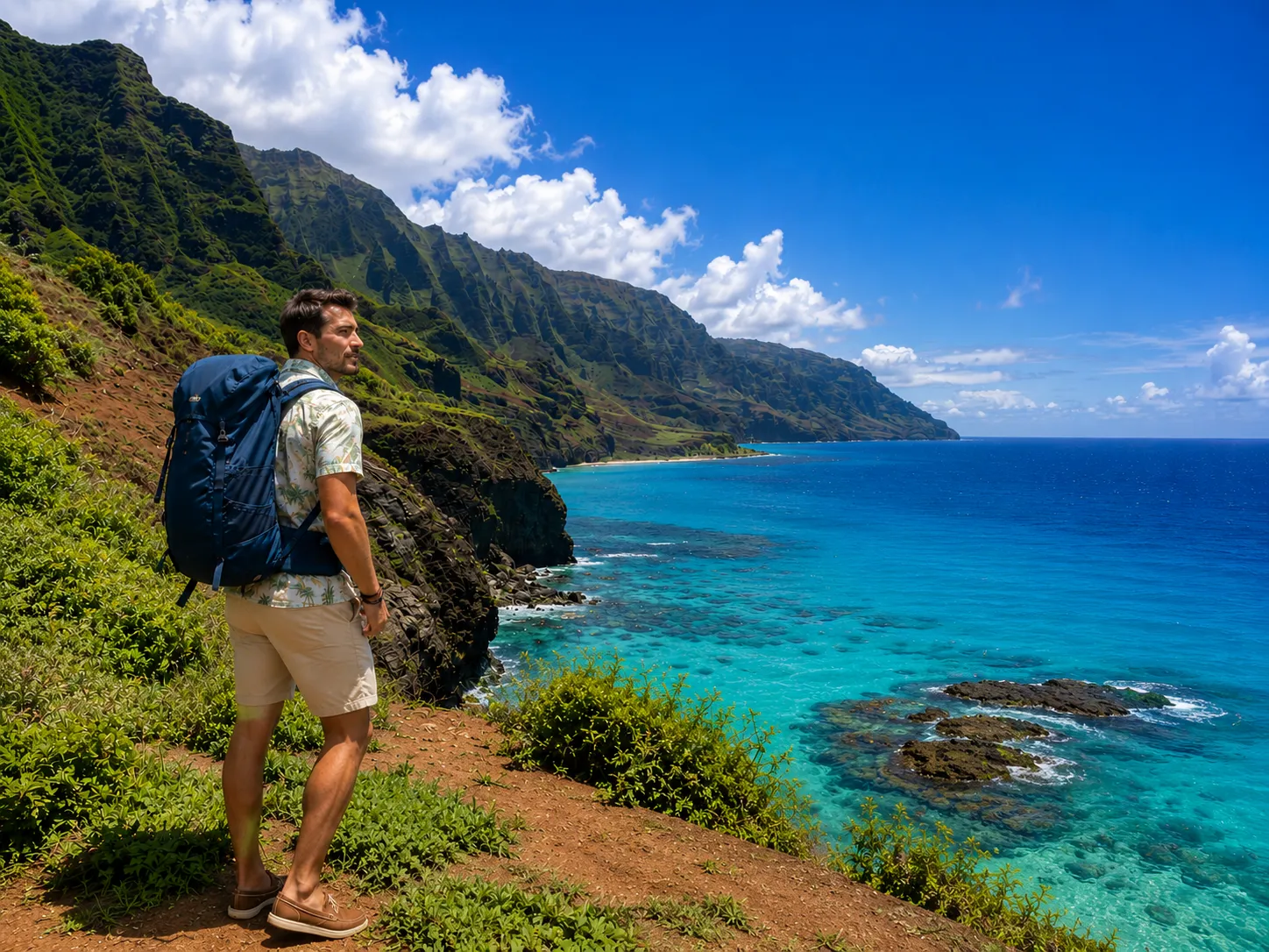 A hiker pausing on a coastal trail above Kauai's Nā Pali Coast, dramatic green cliffs and turquoise water below