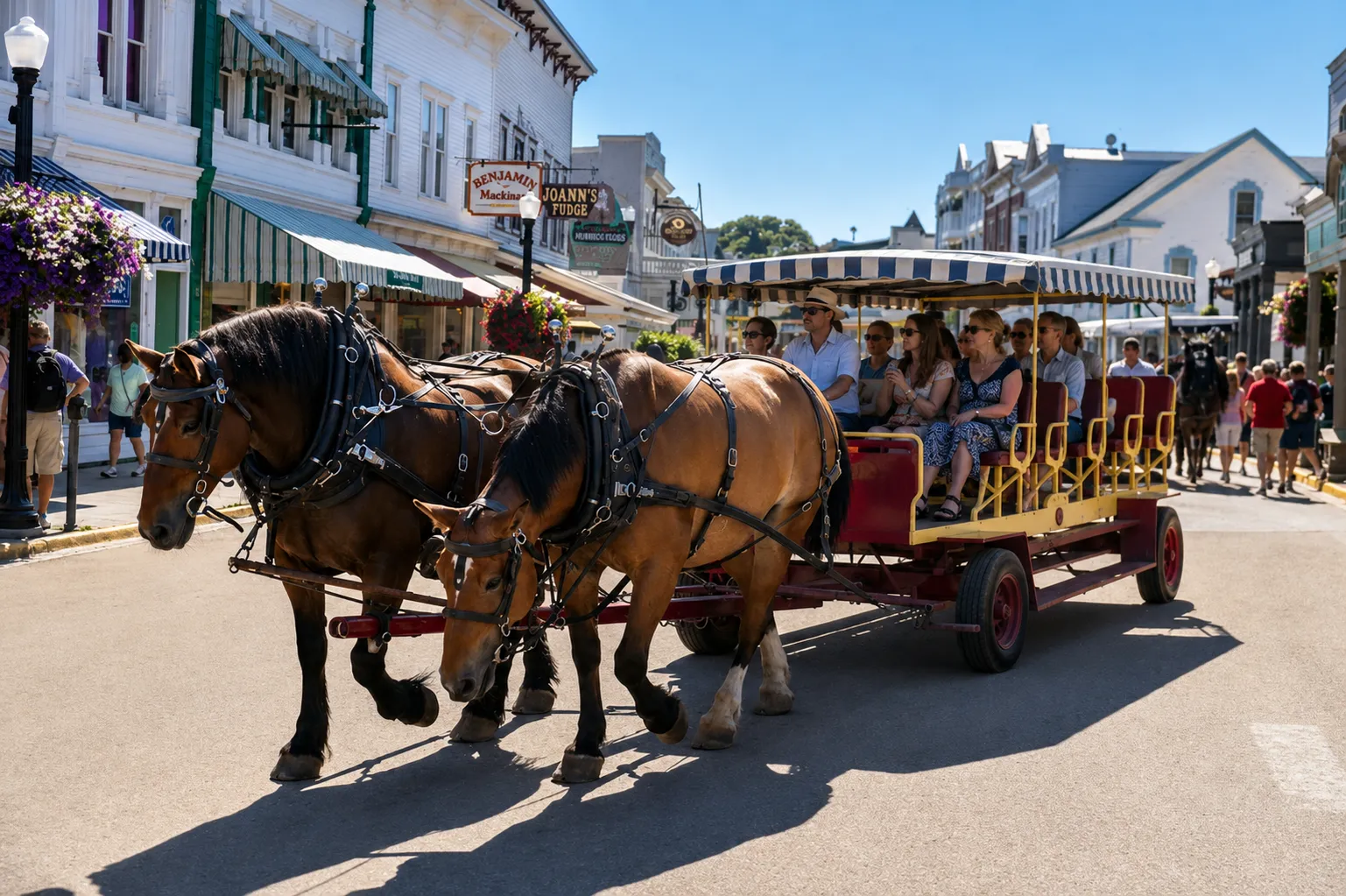 A horse-drawn carriage carrying visitors down Mackinac Island's Main Street, past shops and hanging flower baskets
