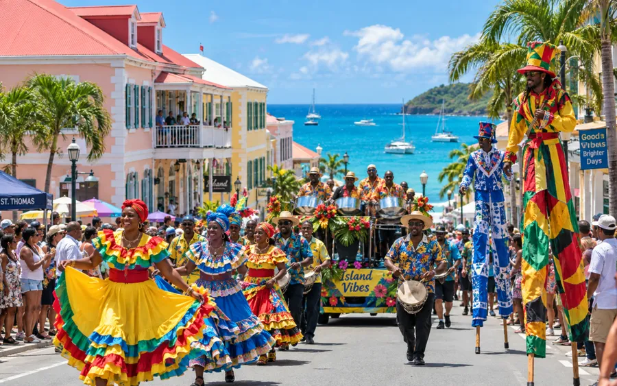 A Carnival parade in Charlotte Amalie, St. Thomas, moko jumbie stilt-walkers and a steel drum band with a real crowd